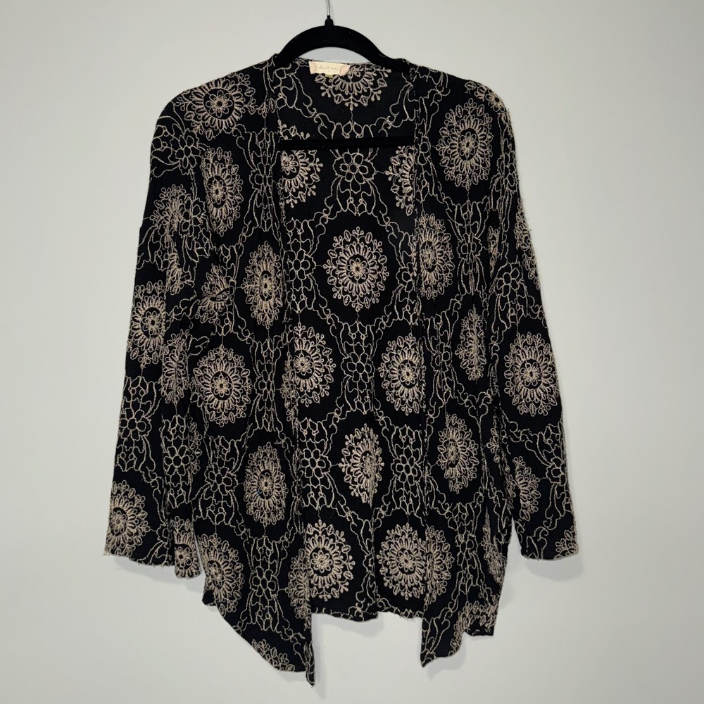 Altar'd State Womens Small Black Cream Embroidered Medallion Open Front Cardigan